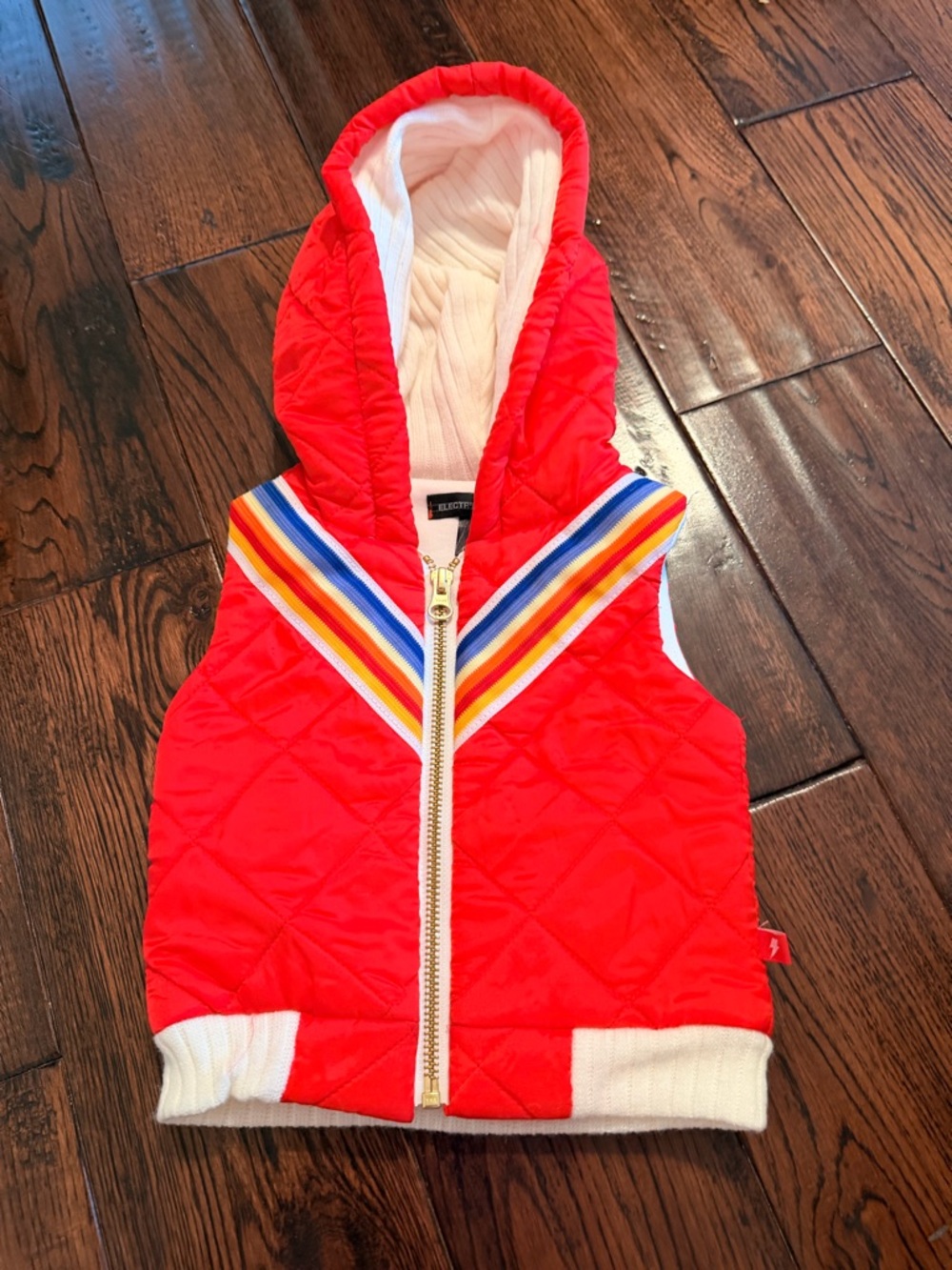 Electric Kidz Red Quilted Hooded Vest with Rainbow Stripe